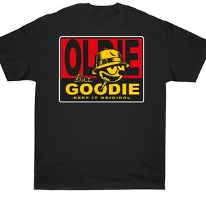 Black Graphic Tee with Red and Yellow Design. OG Family: Workers Cat Black